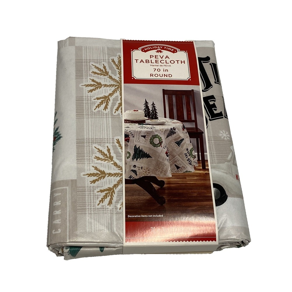holiday time christmas peva table‎ cloth round 70 inches trees trucks